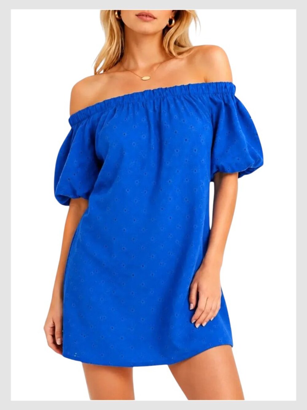 Zara Off Shoulder Eyelet Mini Dress Blue Puff Sleeve XS